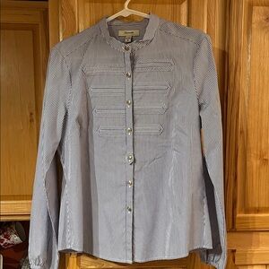 Façonnable Navy Striped Blouse with silver tone buttons EUC